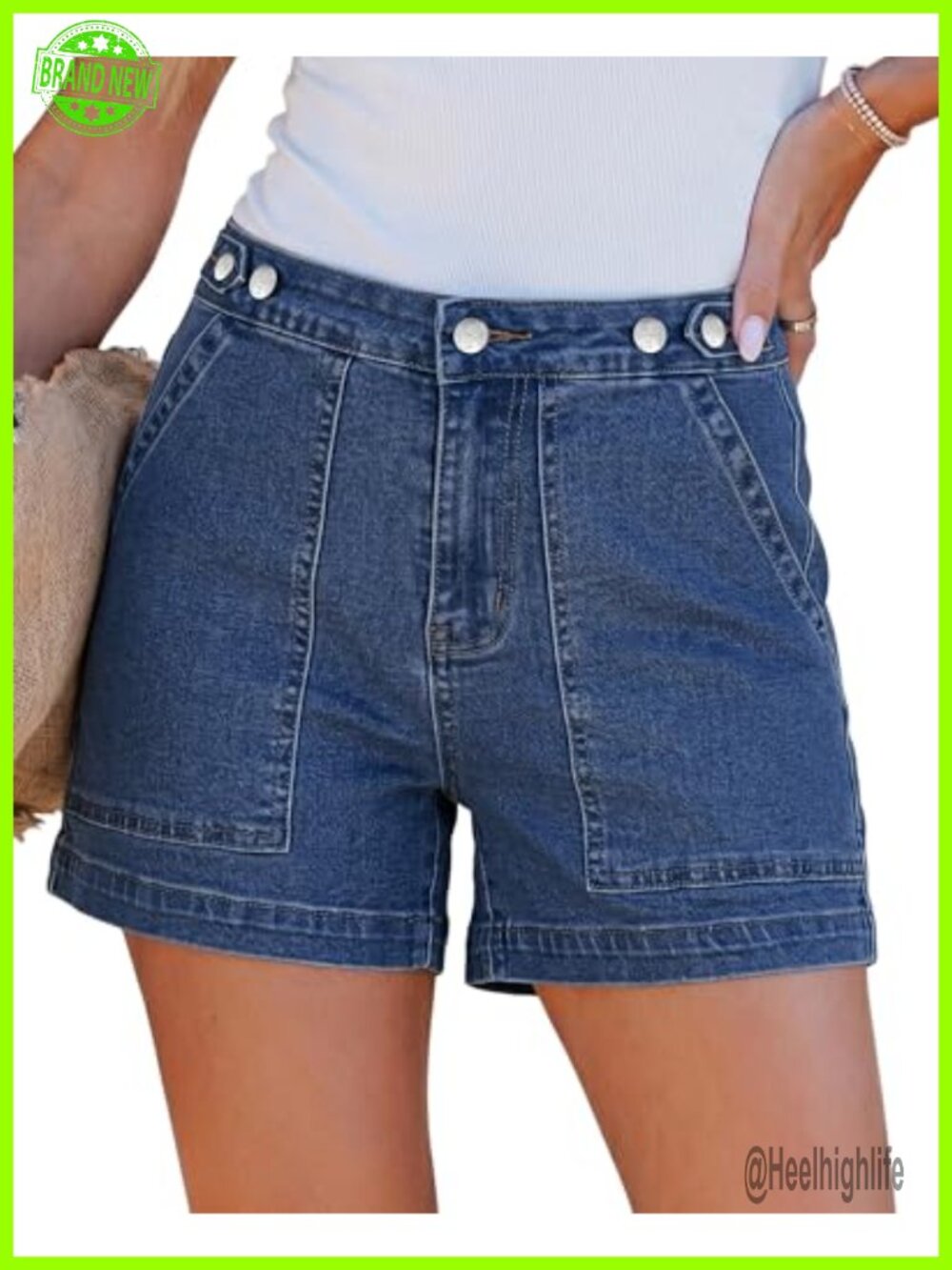 High Waisted Cinch Waist Mid Thigh Stretch Denim Jean Shorts